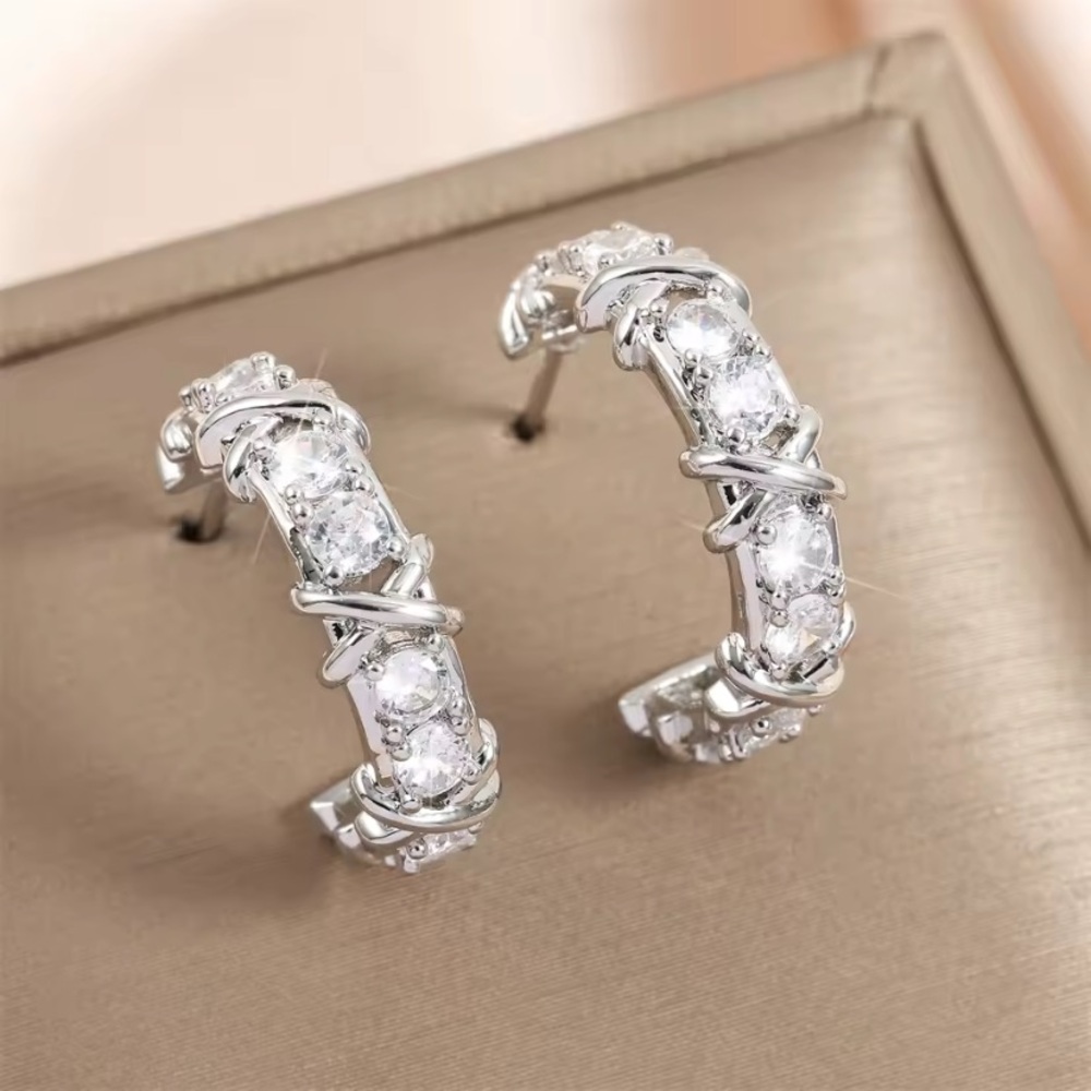 Tiffany StyleSilver Hoop Earrings with Square-Cut Gemstones